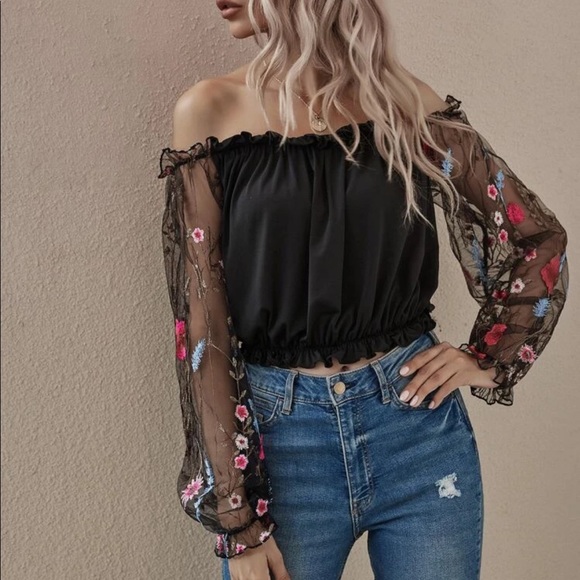Boho floral mesh embroidered sleeve off shoulder blouse - Picture 5 of 8